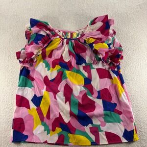 JODIFL Women's Small Fuchsia Multicolor Abstract Ruffle Sleeve Blouse Top Casual